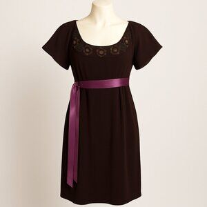 Uncle Frank Chocolate Brown Dress Floral Embellished Neckline Lilac Ribbon Belt